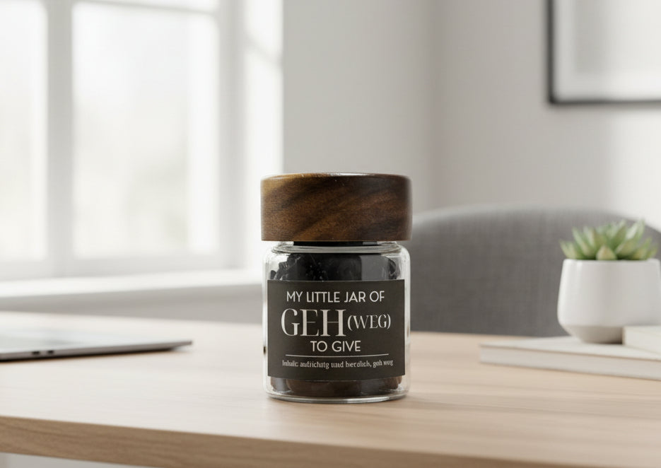My Little Jar of “GEH (Weg) to Give” | Funny Desk Gift | Laser Cut Wooden Tokens image 0