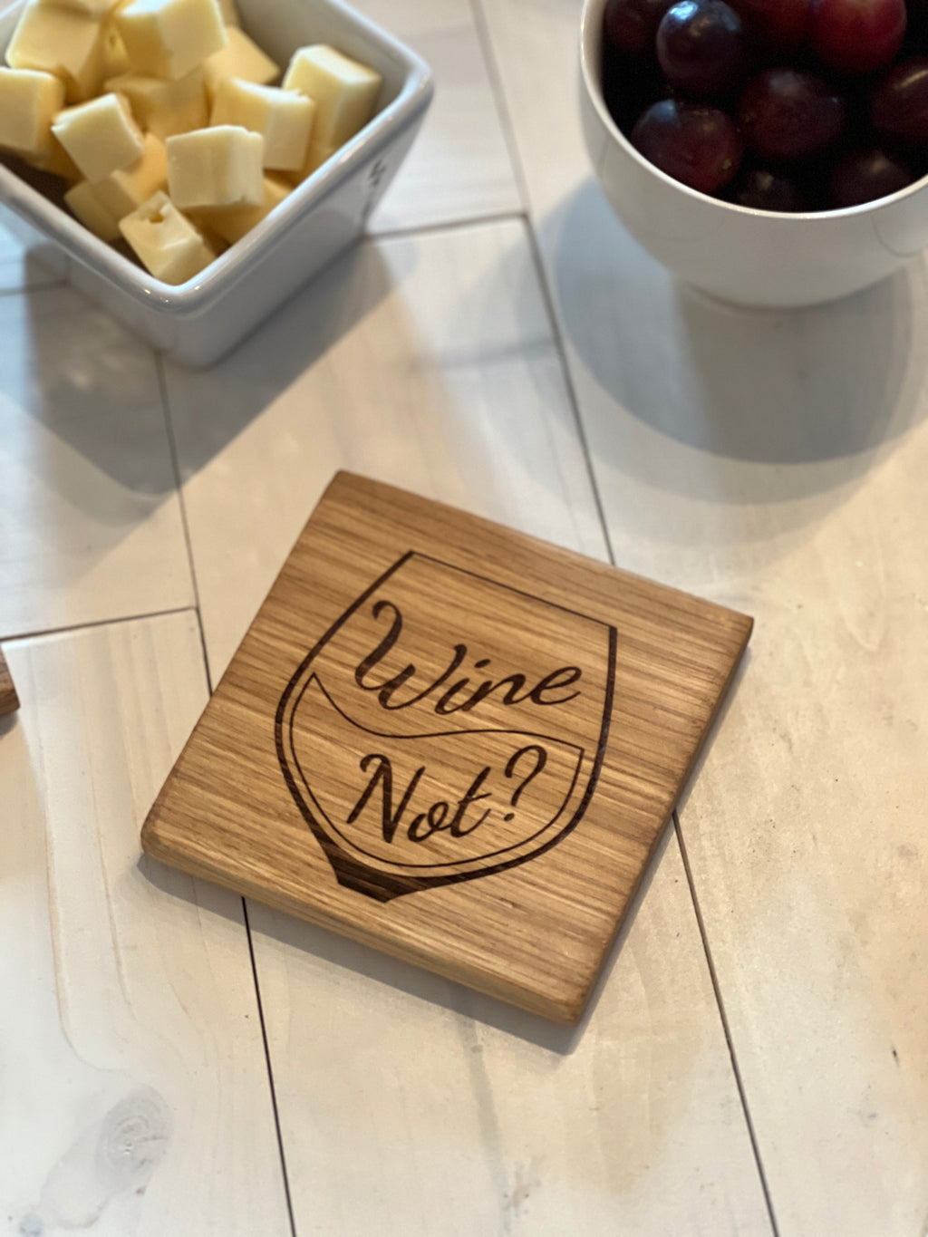 Solid Oak Wine Coaster – “Wine Not?” Engraved Wooden Drinks Coaster | Rustic Tab image 8