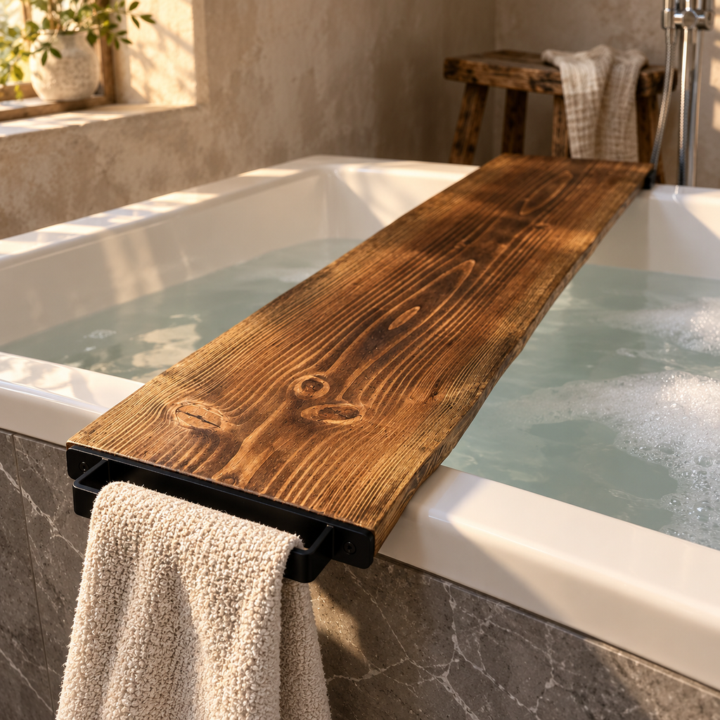 Live Edge Douglas Fir Bath Caddy with Steel Towel Rack