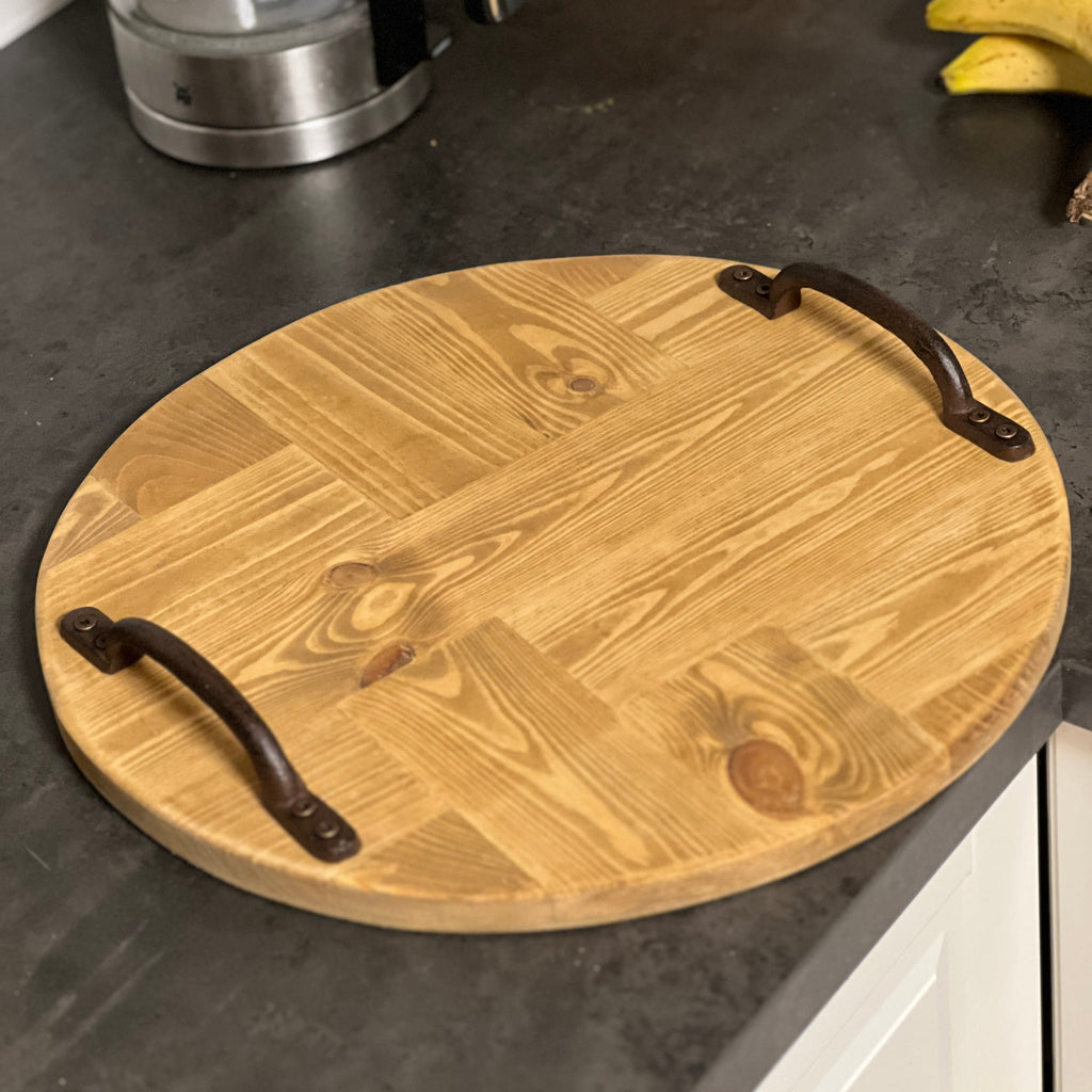 Rustic Wooden Serving Tray, Round Reclaimed Pallet Wood Tray with Metal Handles