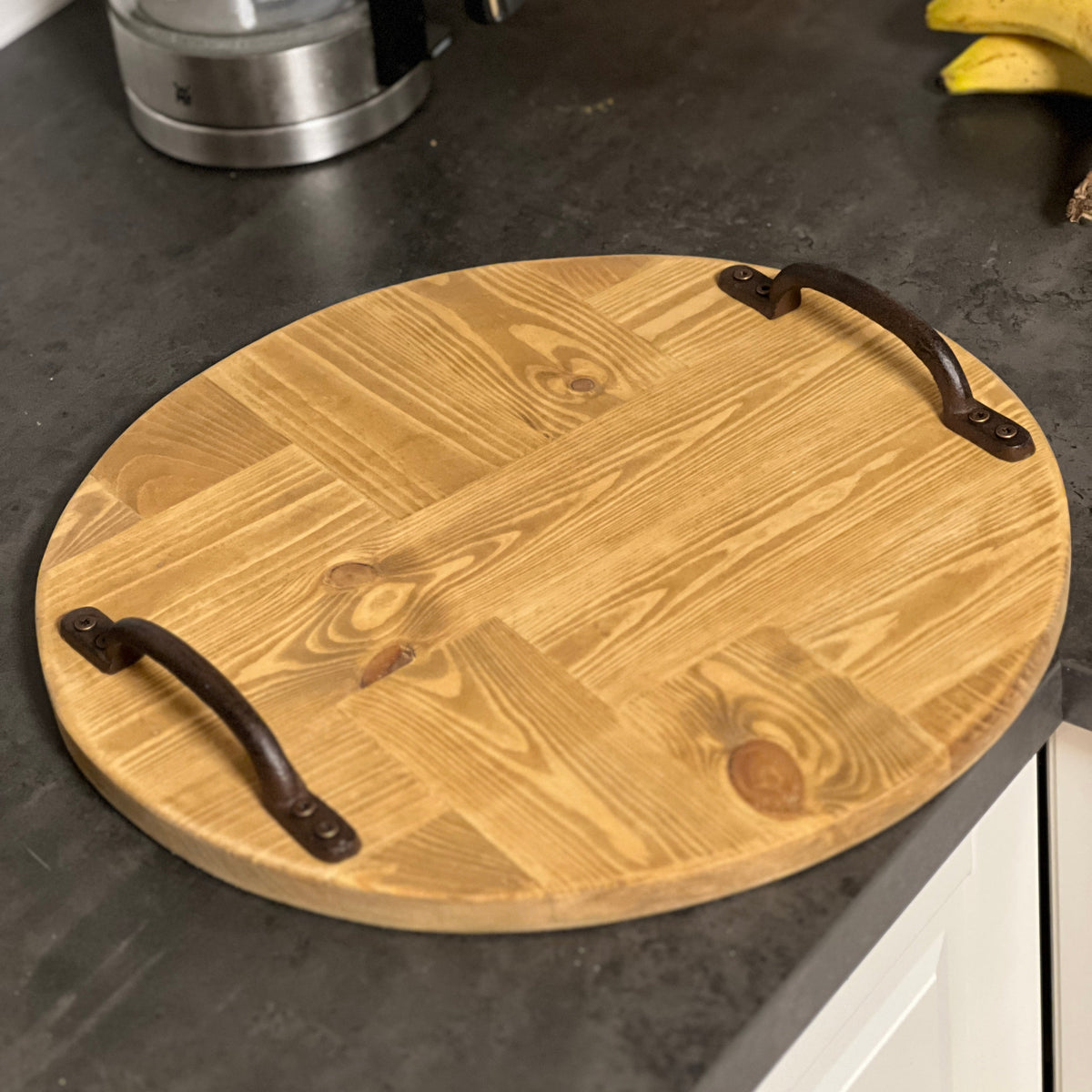 Rustic Wooden Serving Tray, Round Reclaimed Pallet Wood Tray with Metal Handles