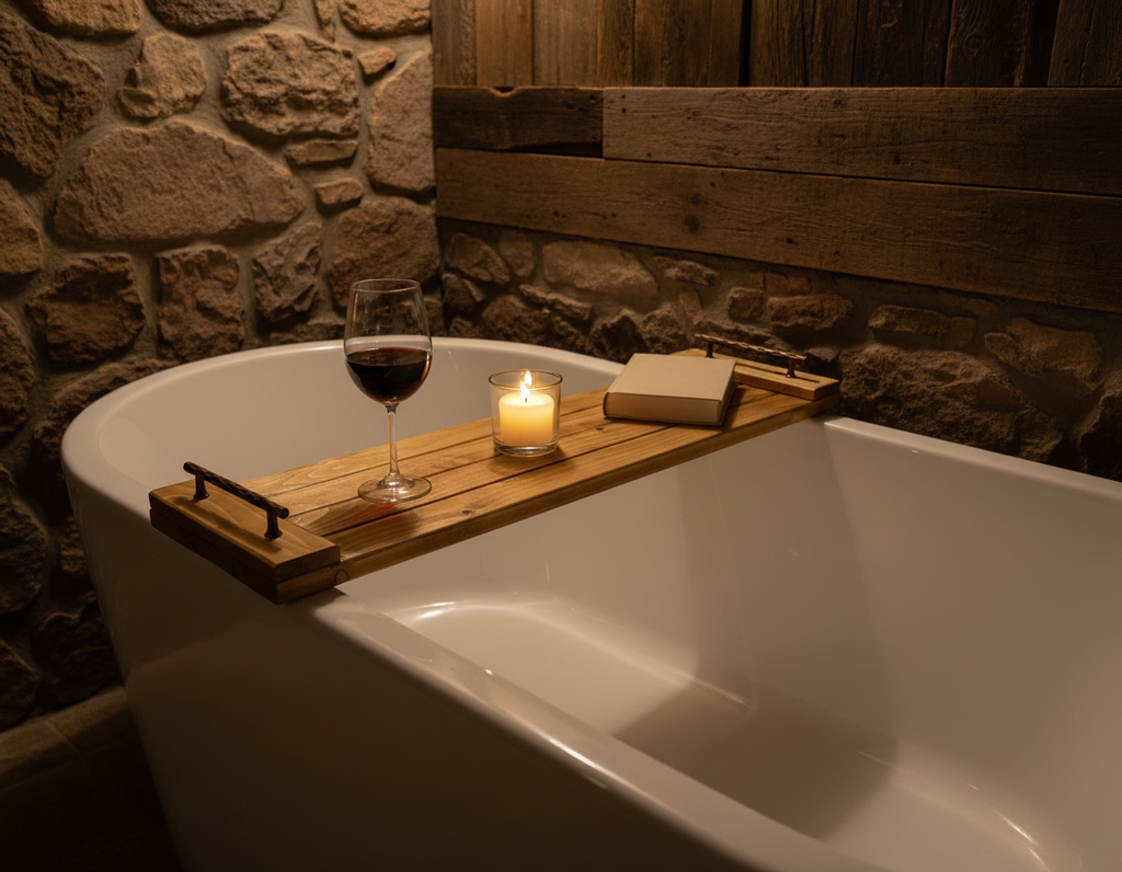Handcrafted Rustic Oak Stain Wooden Bath Caddy | Bathtub Tray image 6