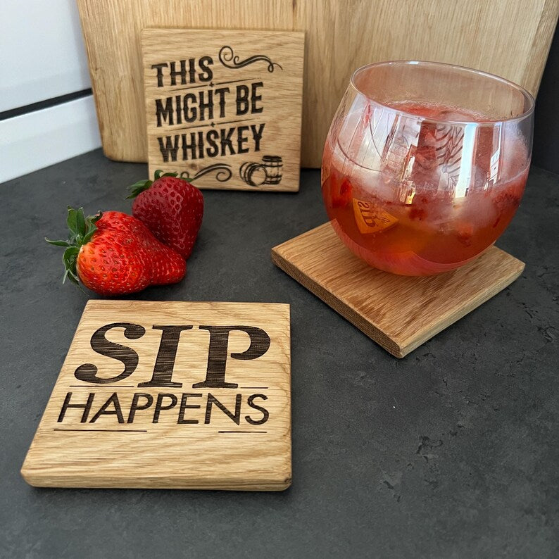 This Might be Whiskey - Rustic Solid Oak Wood Coaster | Perfect for Man Cave image 3