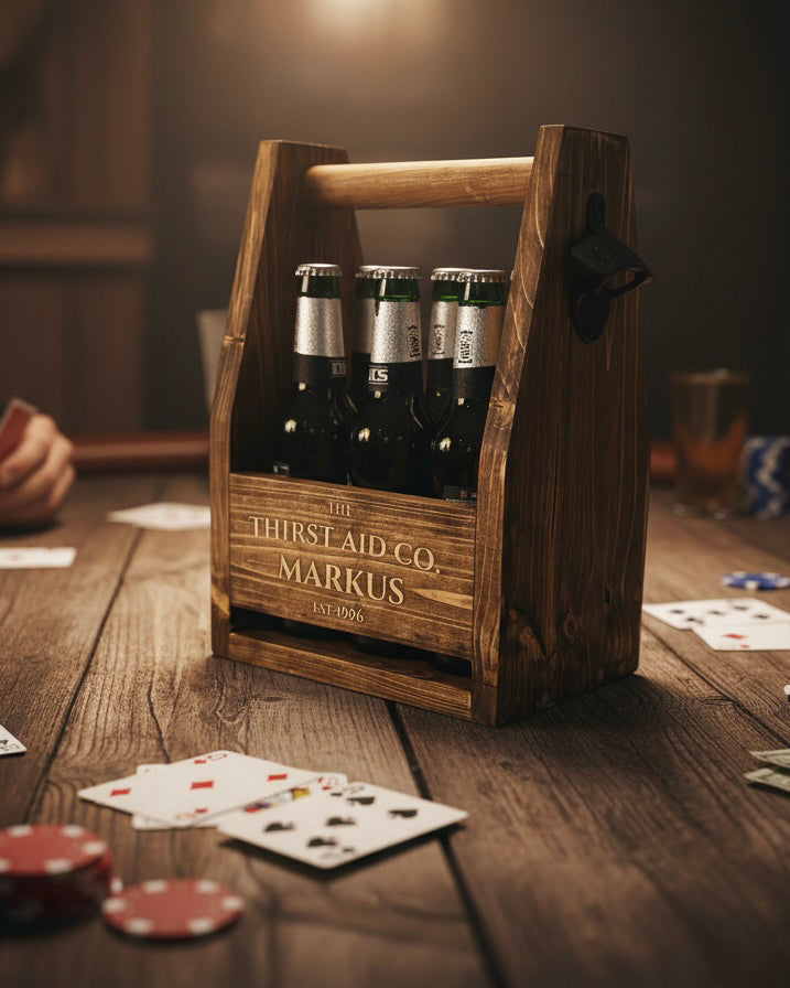 Personalised Beer Caddy Wooden Bottle Carrier with Opener – Custom Beer Holder image 3