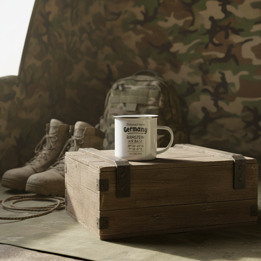 Personalized Military Enamel Mug – Ramstein Air Base Stationed Here Mug