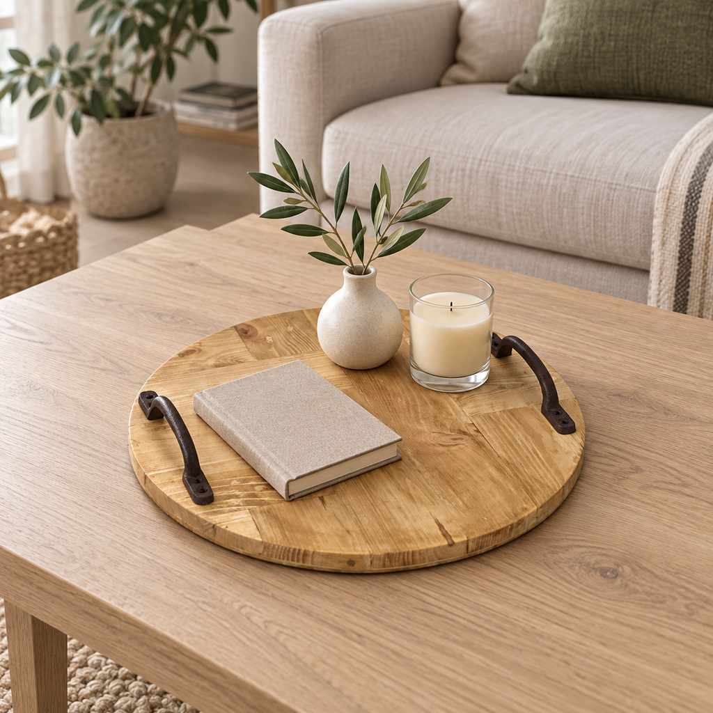 Rustic Wooden Serving Tray, Round Reclaimed Pallet Wood Tray with Metal Handles