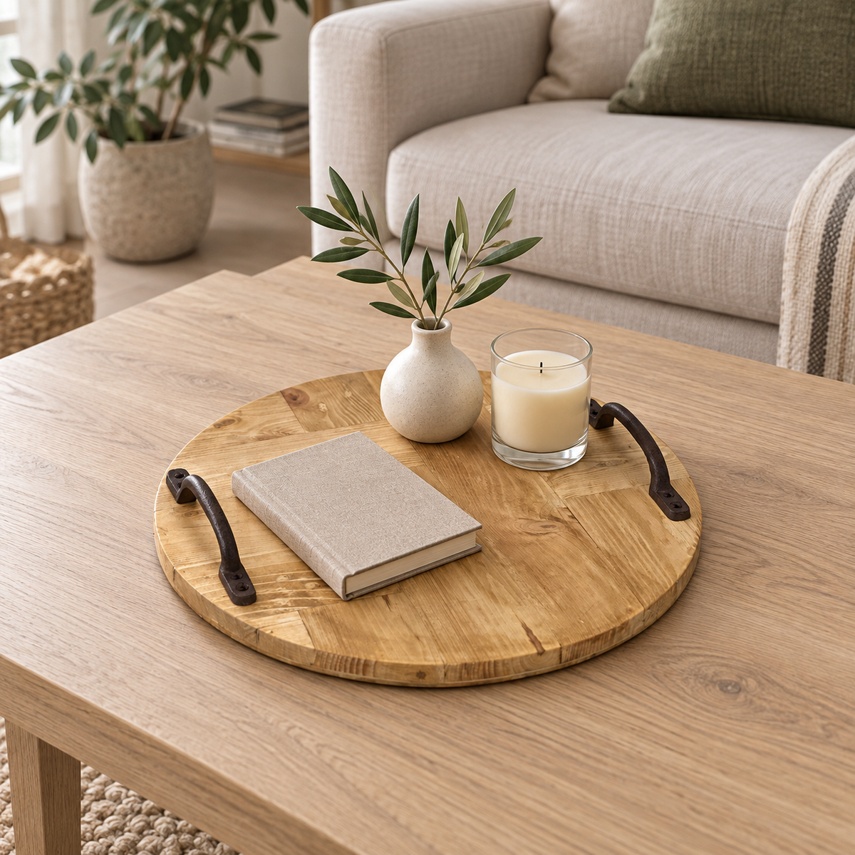 Rustic Wooden Serving Tray, Round Reclaimed Pallet Wood Tray with Metal Handles