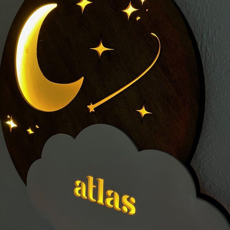 Personalized Moon and Stars LED Nightlight Kids Room Wall Hanging Décor; image 1