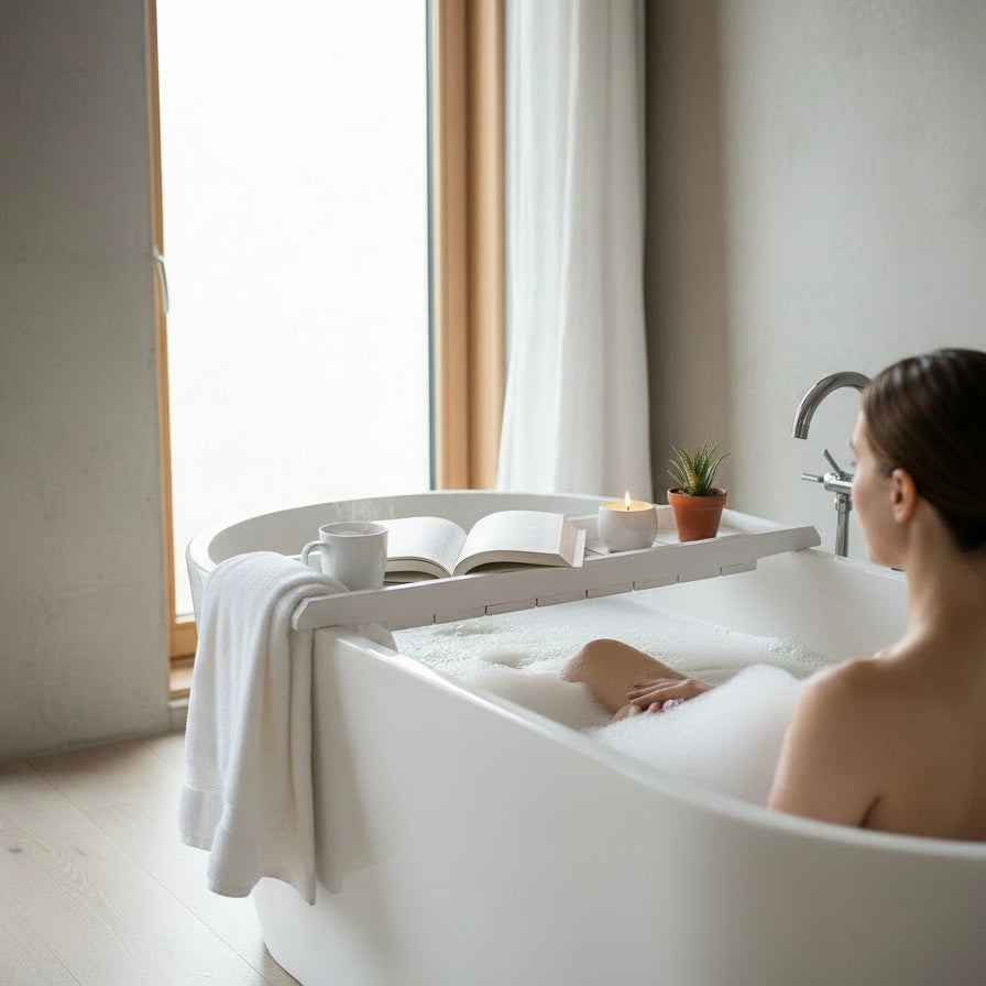 Handmade Bath Caddy | Wooden Bathtub Tray with Towel Rail | Custom Bath Board