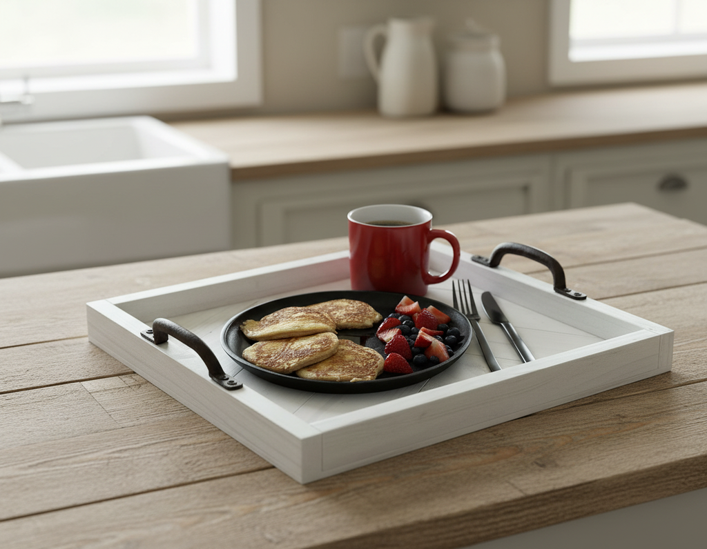 Herringbone Wood Serving Tray with Handles – Rustic Farmhouse Coffee Table Tray