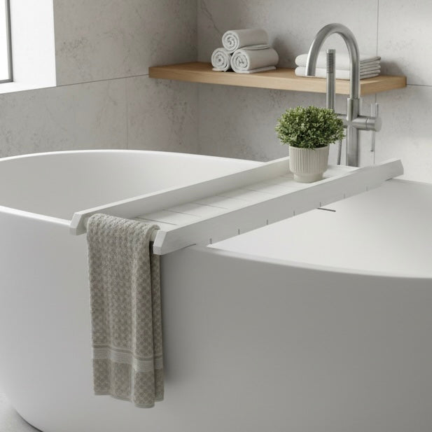 Handmade Bath Caddy | Wooden Bathtub Tray with Towel Rail | Custom Bath Board