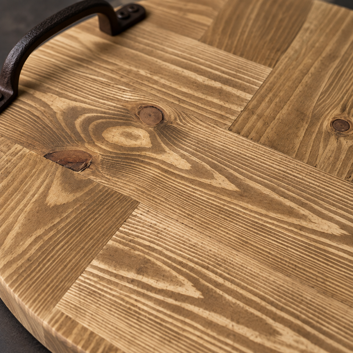 Rustic Wooden Serving Tray, Round Reclaimed Pallet Wood Tray with Metal Handles