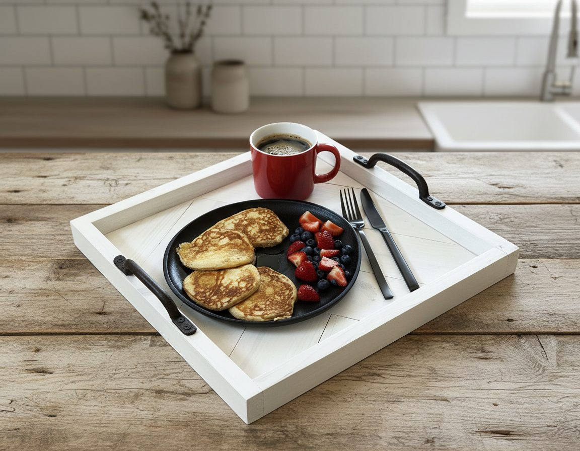 Herringbone Wood Serving Tray with Handles – Rustic Farmhouse Coffee Table Tray