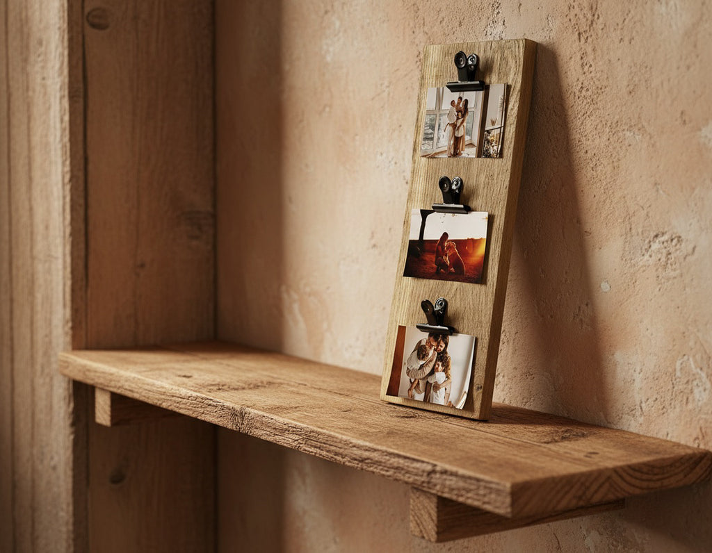Rustic Oak Photo Display Board – Live Edge Picture Holder with Clips image 6