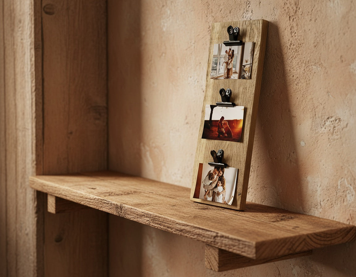 Rustic Oak Photo Display Board – Live Edge Picture Holder with Clips image 6