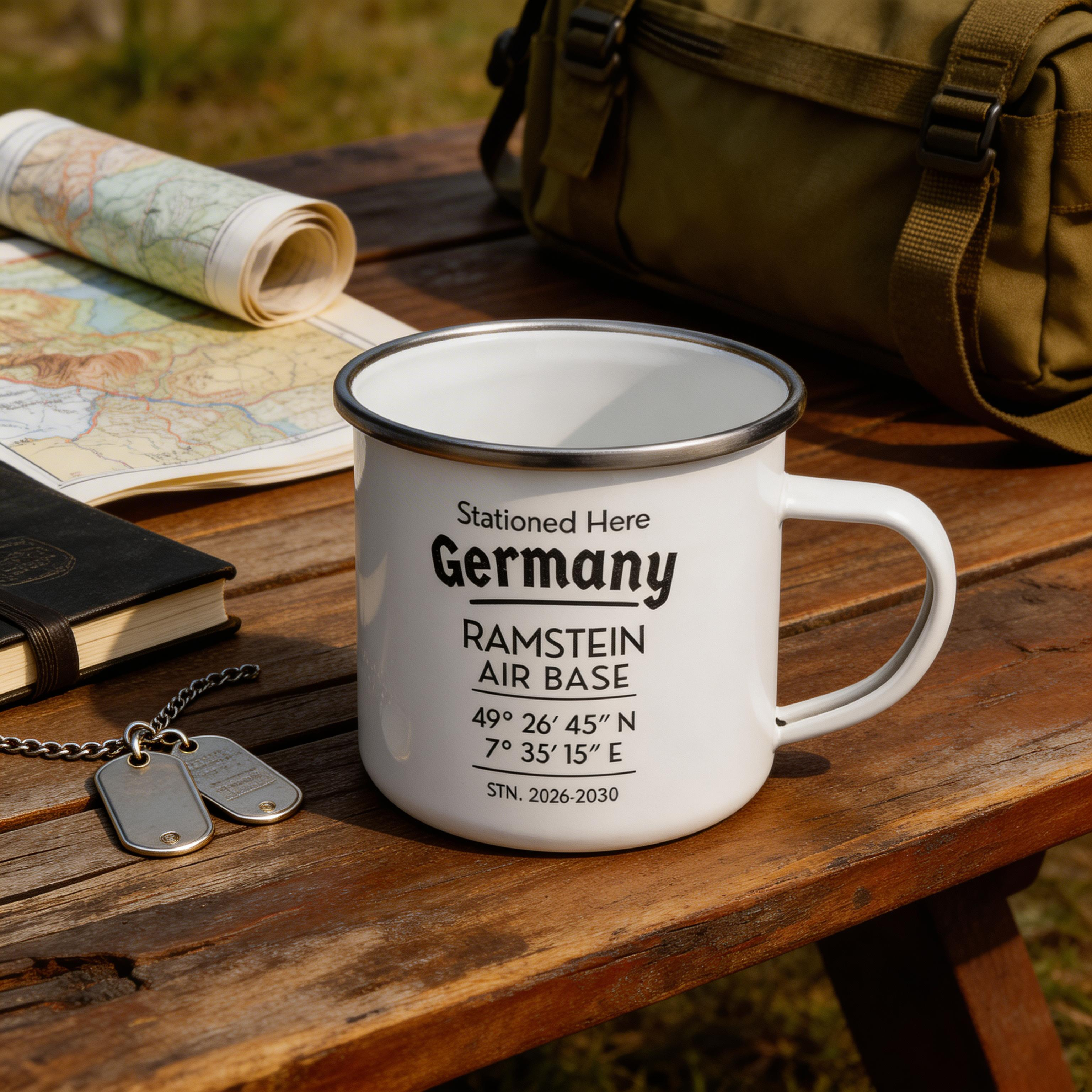 Personalized Military Enamel Mug – Ramstein Air Base Stationed Here Mug