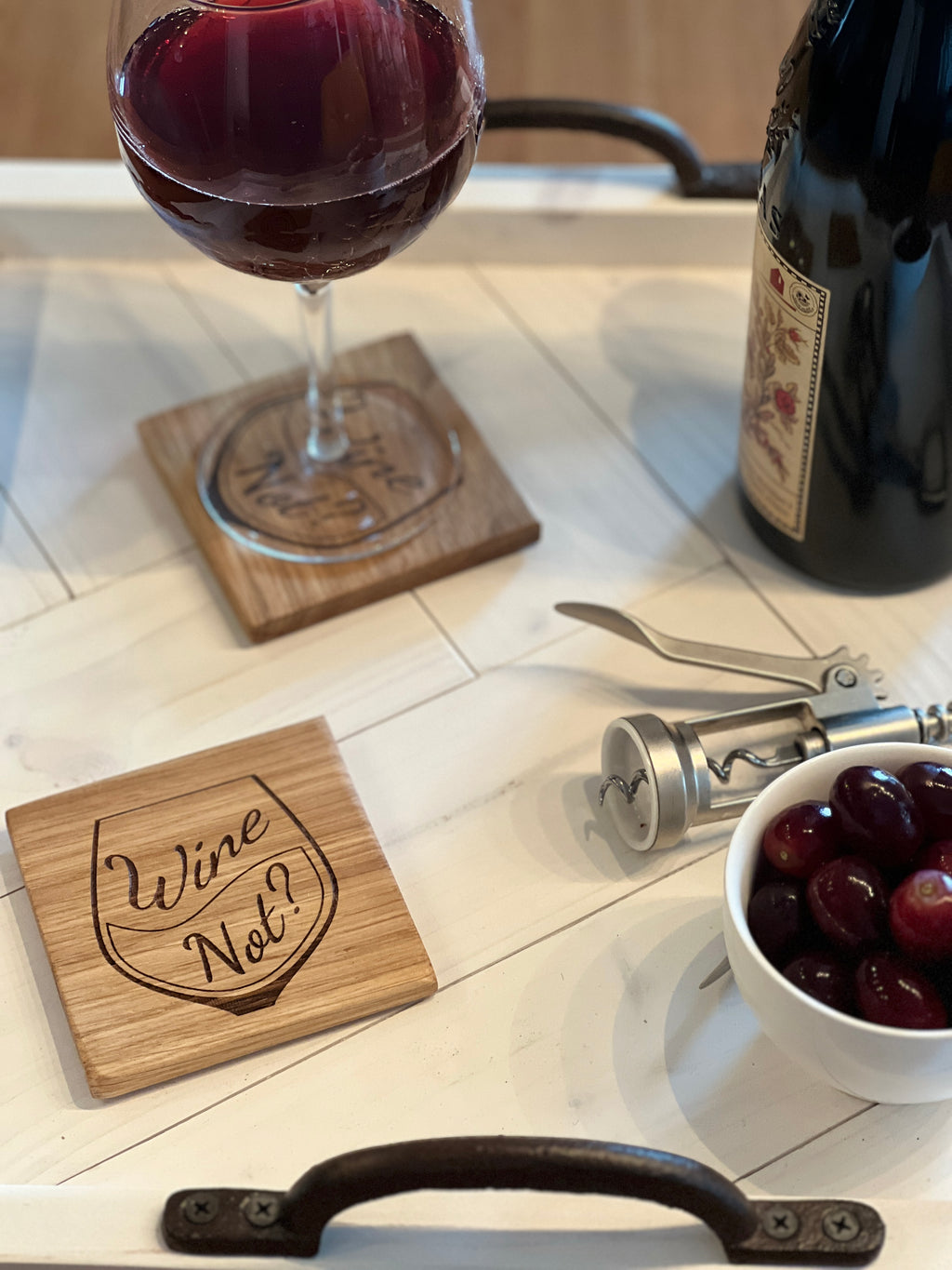 Solid Oak Wine Coaster – “Wine Not?” Engraved Wooden Drinks Coaster | Rustic Tab image 4