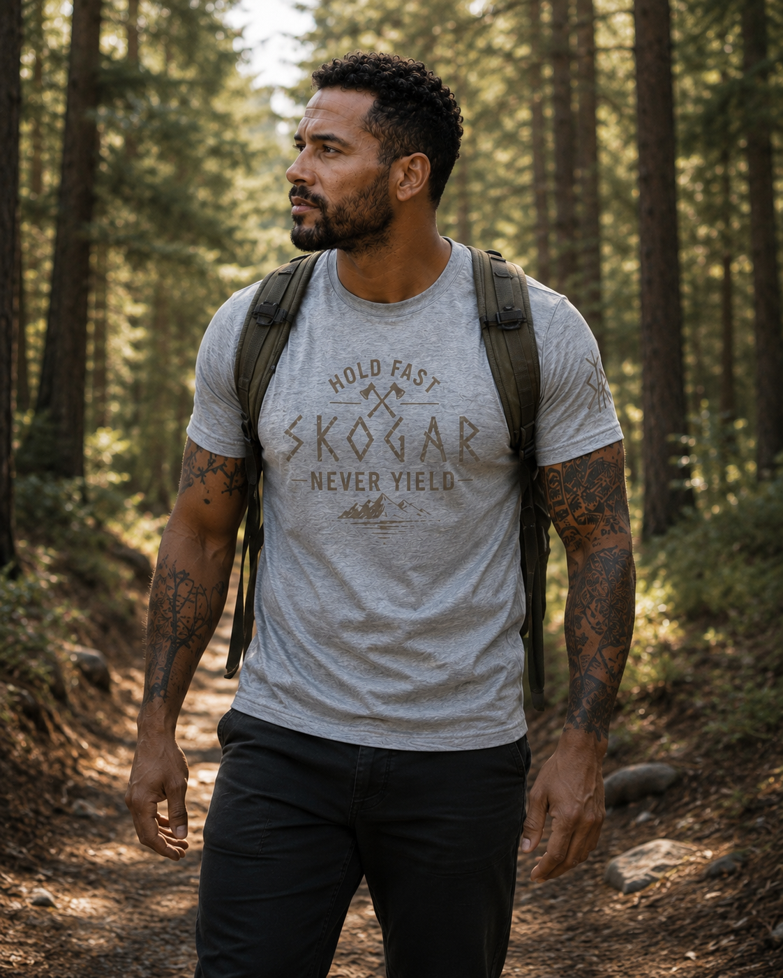 Men's Nordic Adventure T-Shirt, Mountain Graphic Tee, Hold Fast Never Yield SKOGAR Apparel