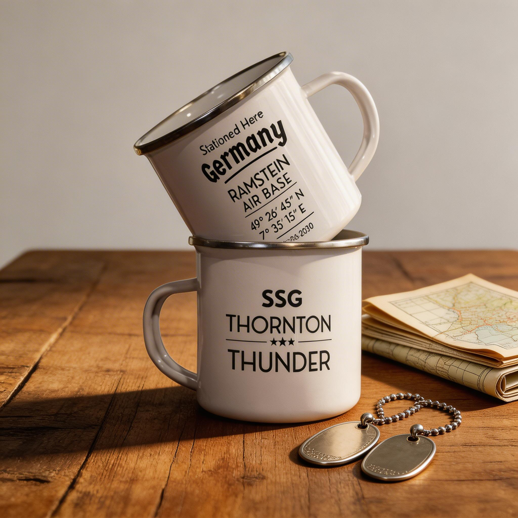 Personalized Military Enamel Mug – Ramstein Air Base Stationed Here Mug