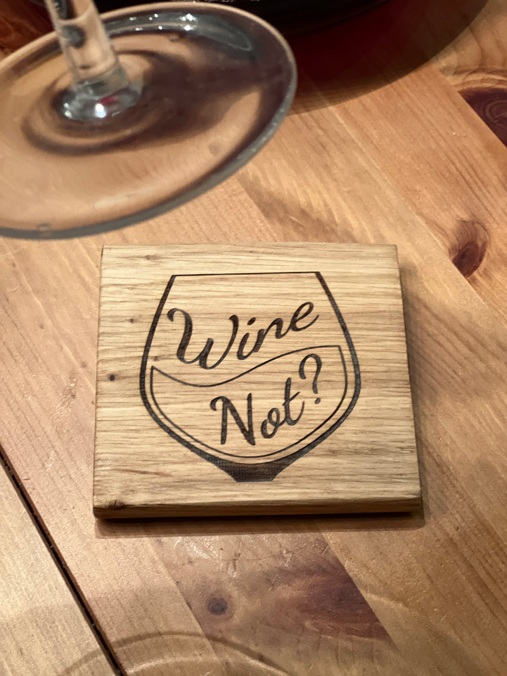 Solid Oak Wine Coaster – “Wine Not?” Engraved Wooden Drinks Coaster | Rustic Tab image 6