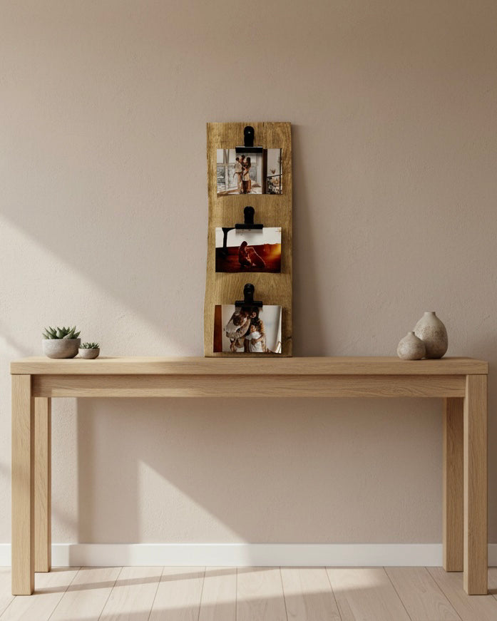 Rustic Oak Photo Display Board – Live Edge Picture Holder with Clips image 9
