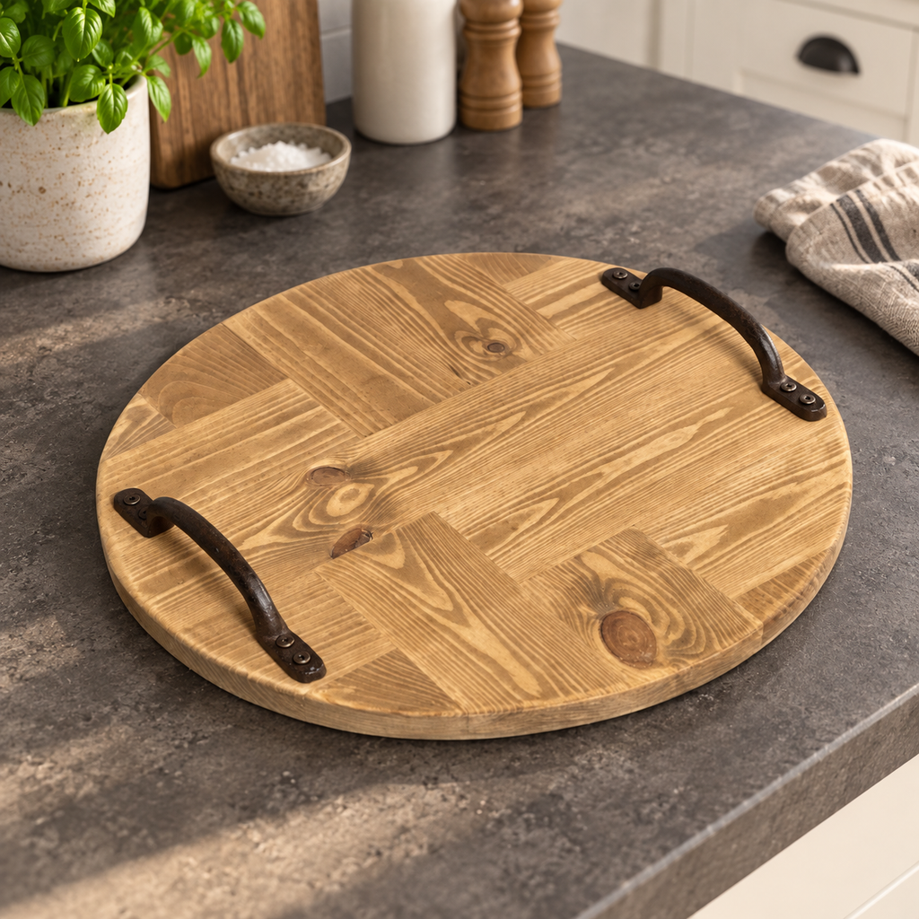 Rustic Wooden Serving Tray, Round Reclaimed Pallet Wood Tray with Metal Handles