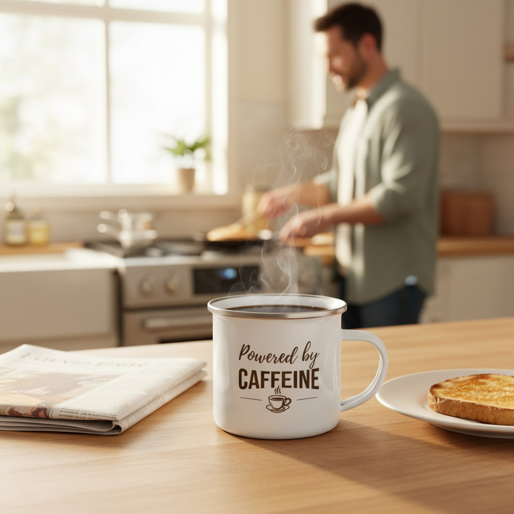 Powered by Caffeine Dad Mug – Funny Camping Mug for Dad
