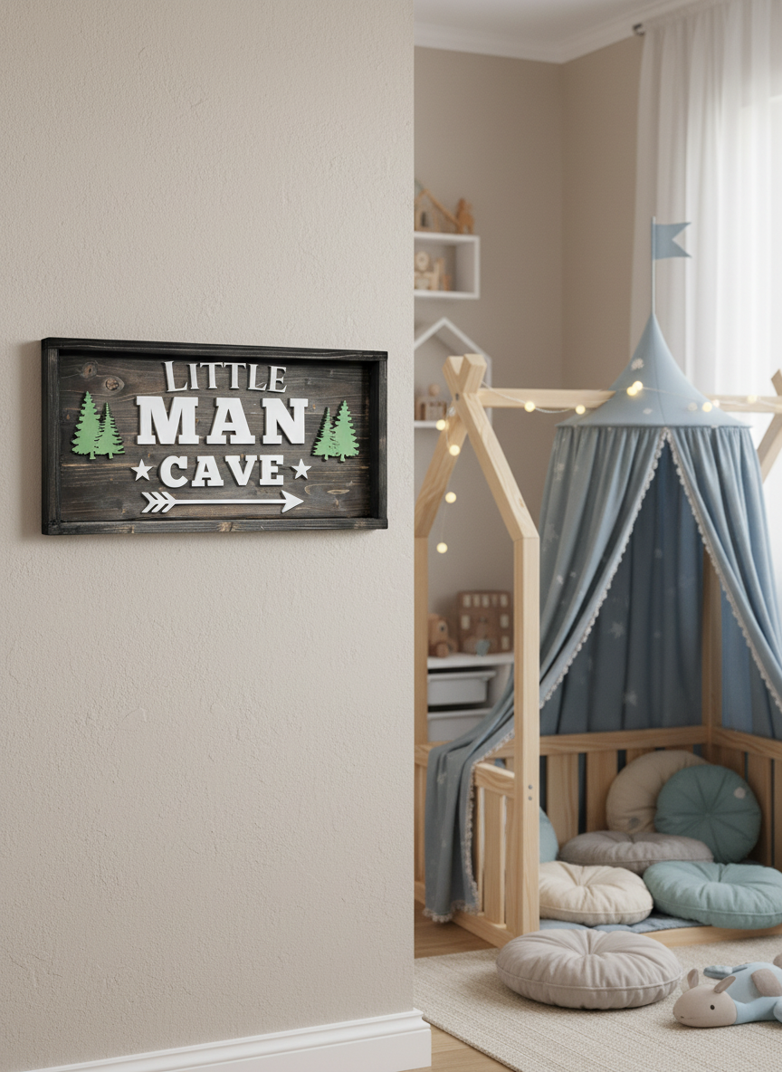 Little Man Cave Wooden Sign – Rustic Kids Room Wall Décor – Boys Bedroom Sign image 1