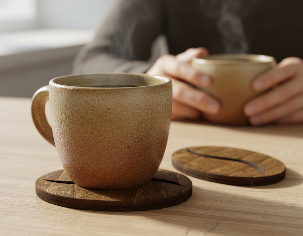 Coffee Bean Coaster Wooden – Beech Wood Coaster with Cork Feet