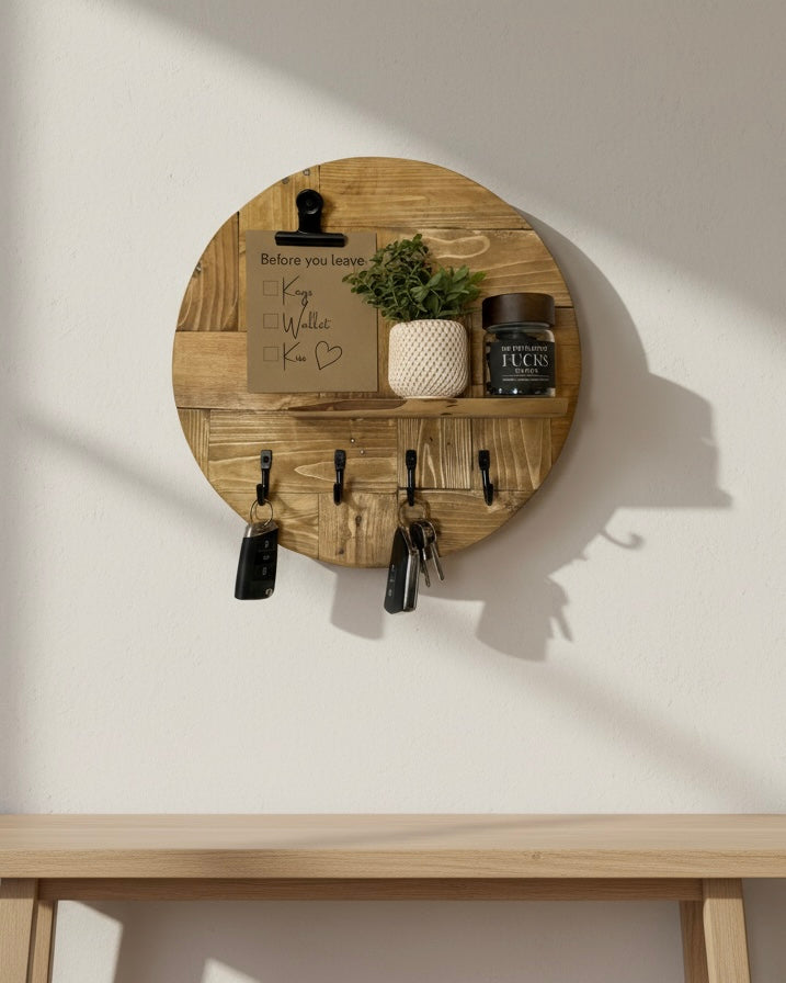 Round Wooden Key Holder with Shelf | Rustic Wall Key Organiser