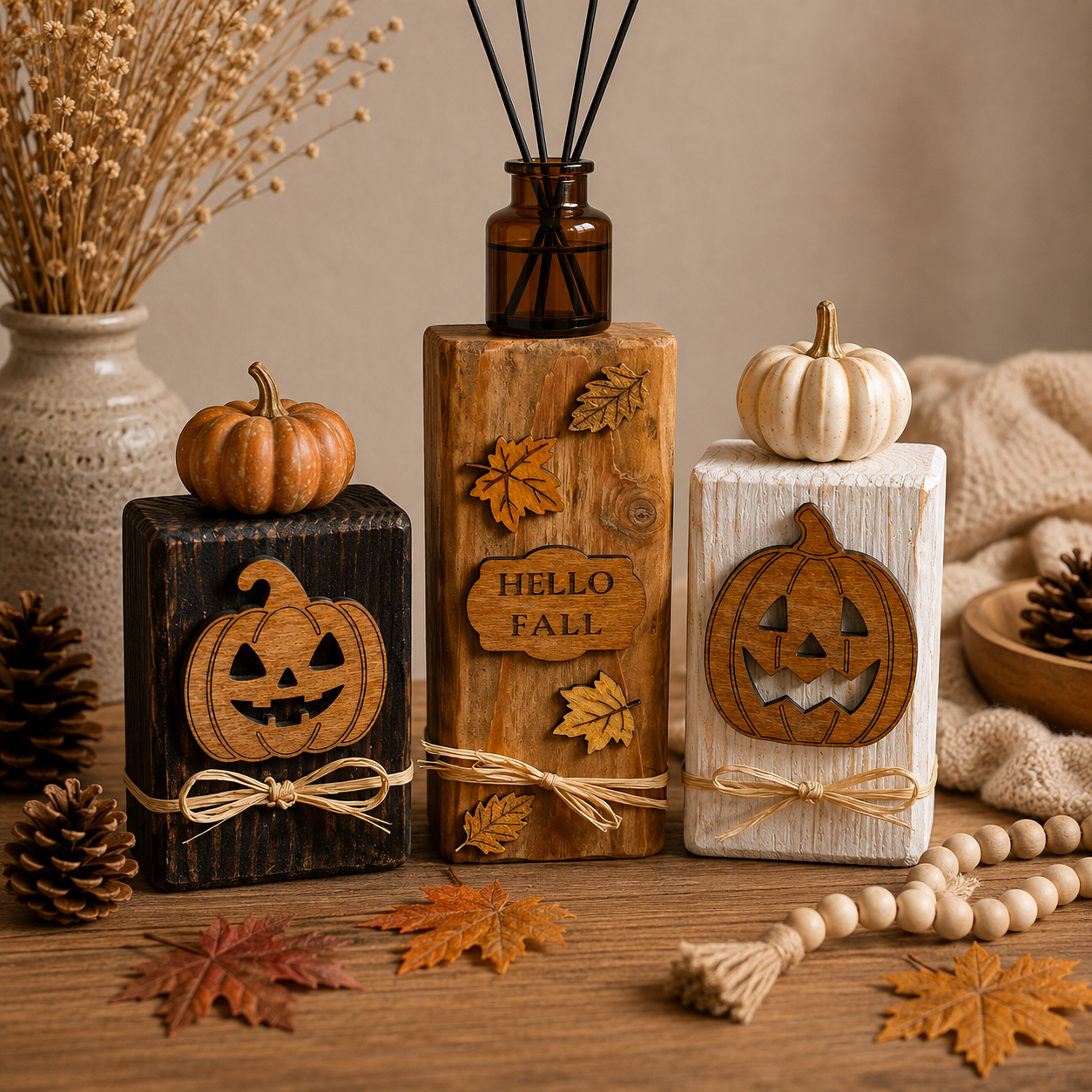 Fall Wood Block Décor, Mix & Match Autumn Decorations, Wooden Pumpkin Shelf Sitters, Hello Fall Sign, Rustic Farmhouse Décor