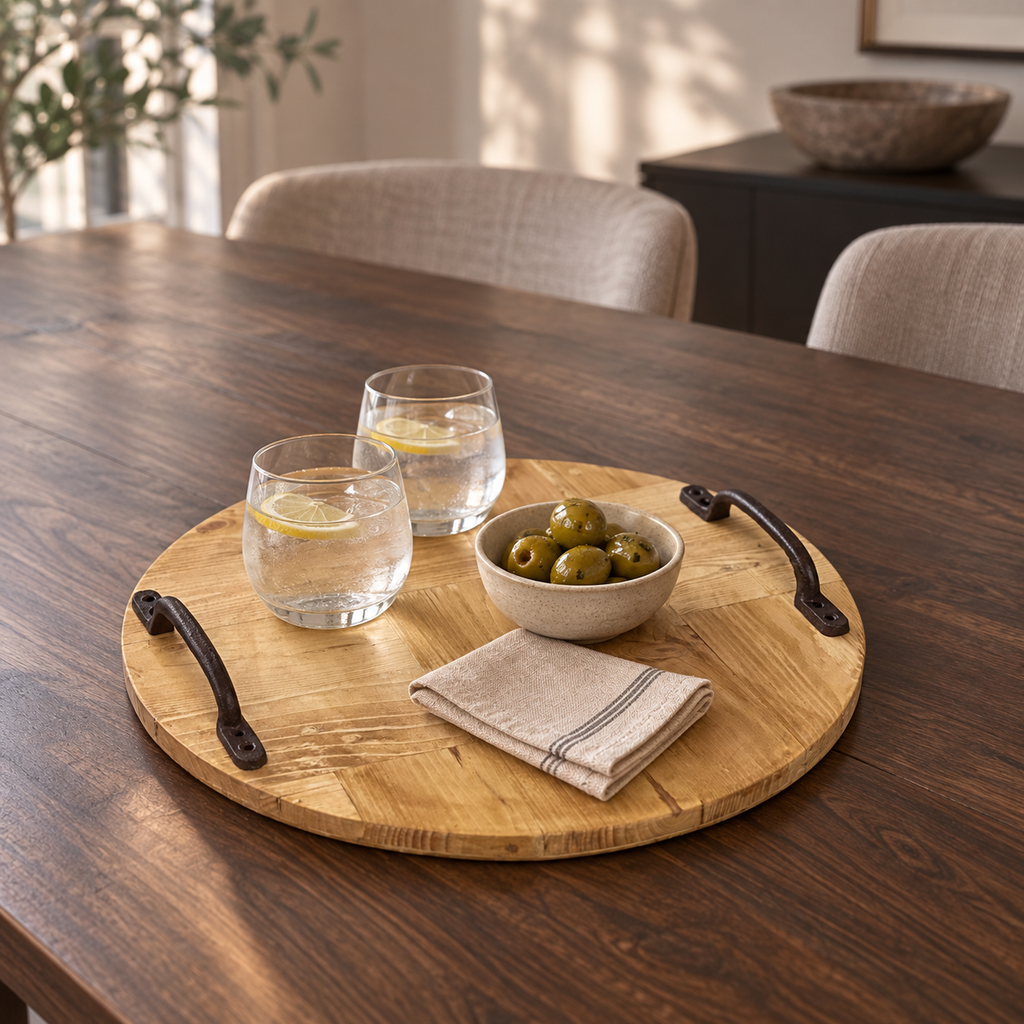 Rustic Wooden Serving Tray, Round Reclaimed Pallet Wood Tray with Metal Handles
