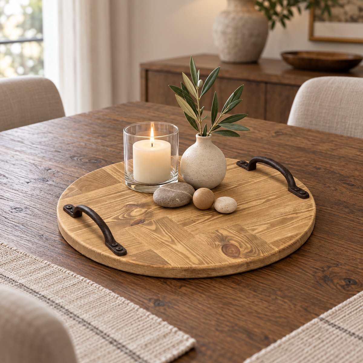 Rustic Wooden Serving Tray, Round Reclaimed Pallet Wood Tray with Metal Handles