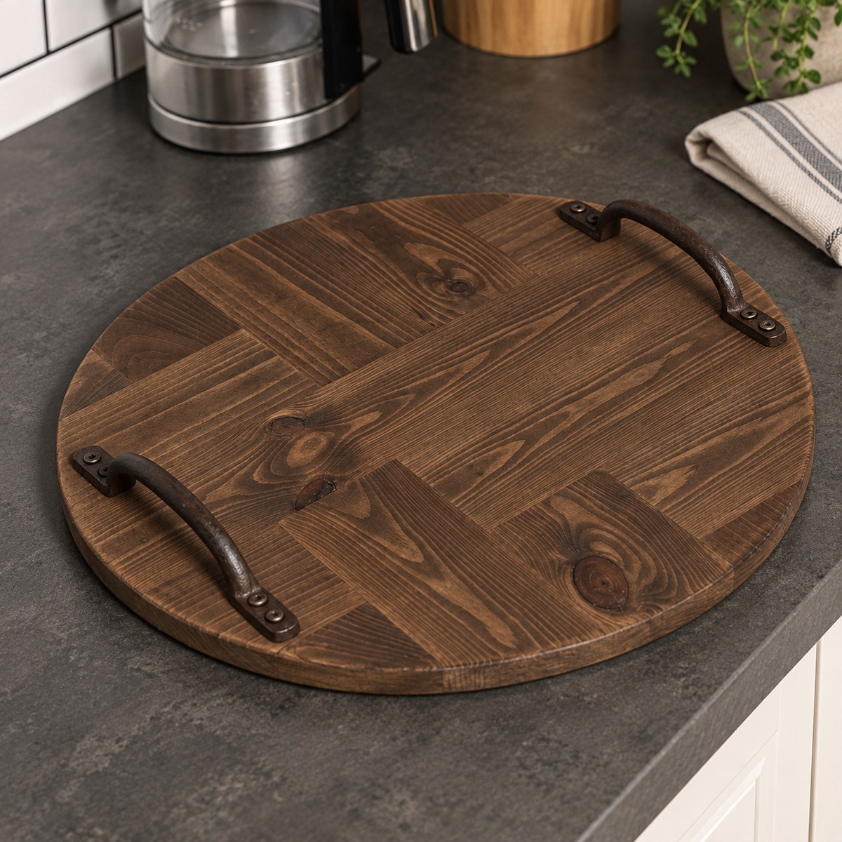 Rustic Wooden Serving Tray, Round Reclaimed Pallet Wood Tray with Metal Handles