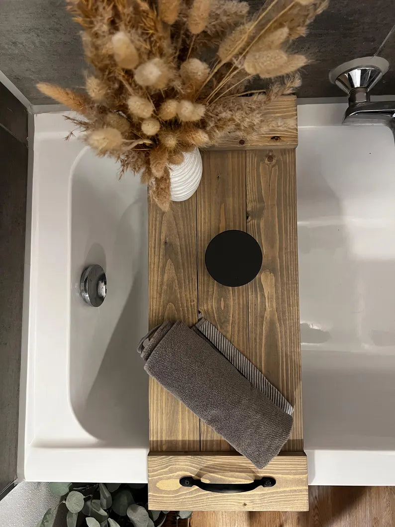 Rustic Wood Plank Serving Tray with Handles; Water Resistant Bathtub Caddy image 0
