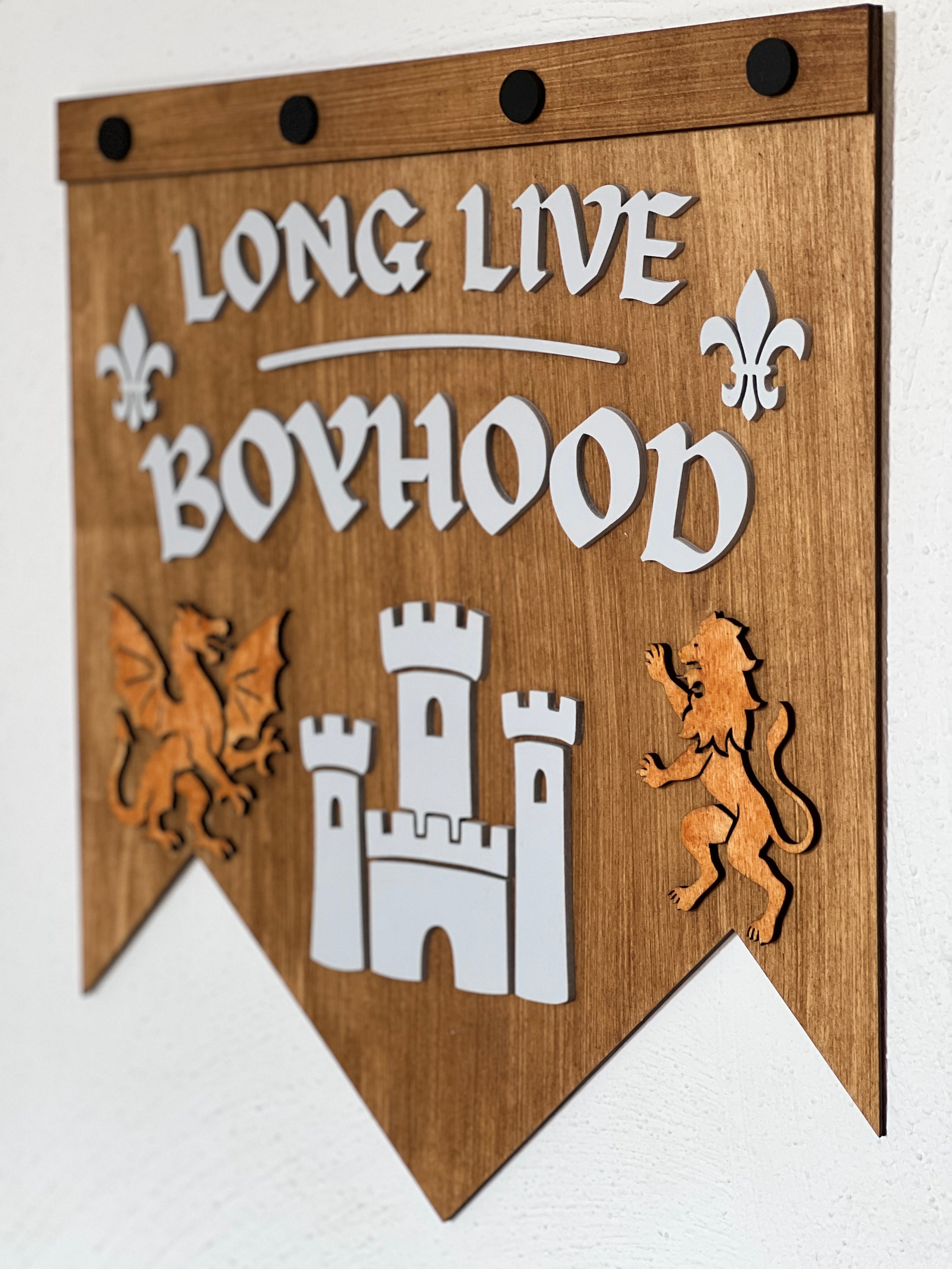 Wooden Nursery Wall Banner – “Long Live Boyhood” Castle Sign – Children’s Room image 4