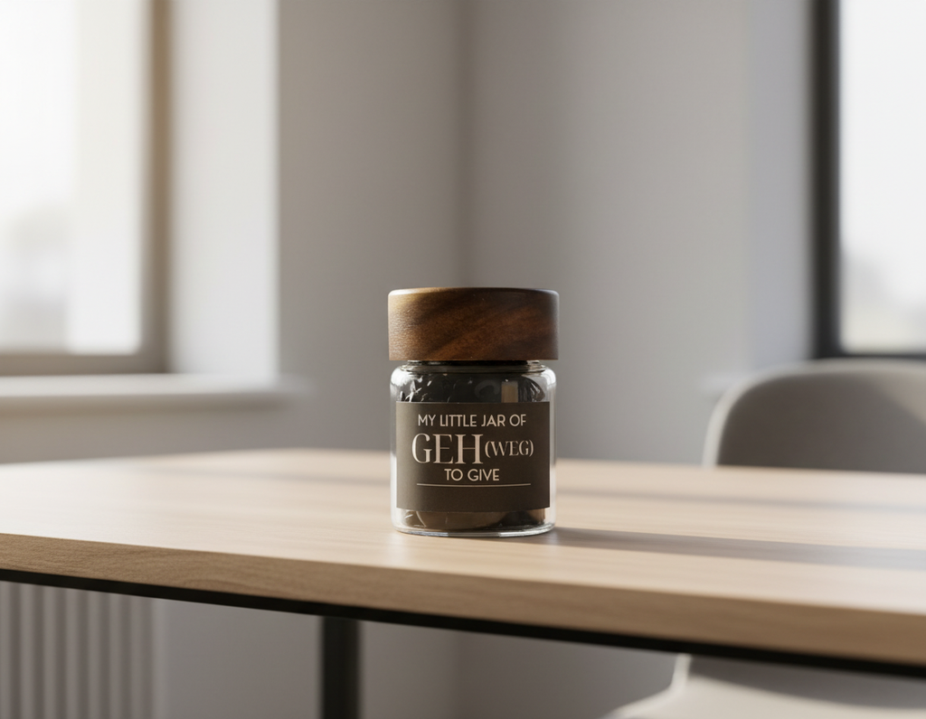 My Little Jar of “GEH (Weg) to Give” | Funny Desk Gift | Laser Cut Wooden Tokens image 4