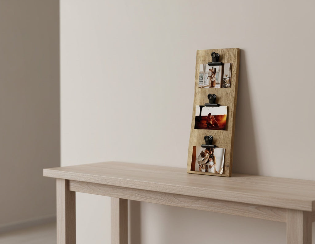 Rustic Oak Photo Display Board – Live Edge Picture Holder with Clips image 10
