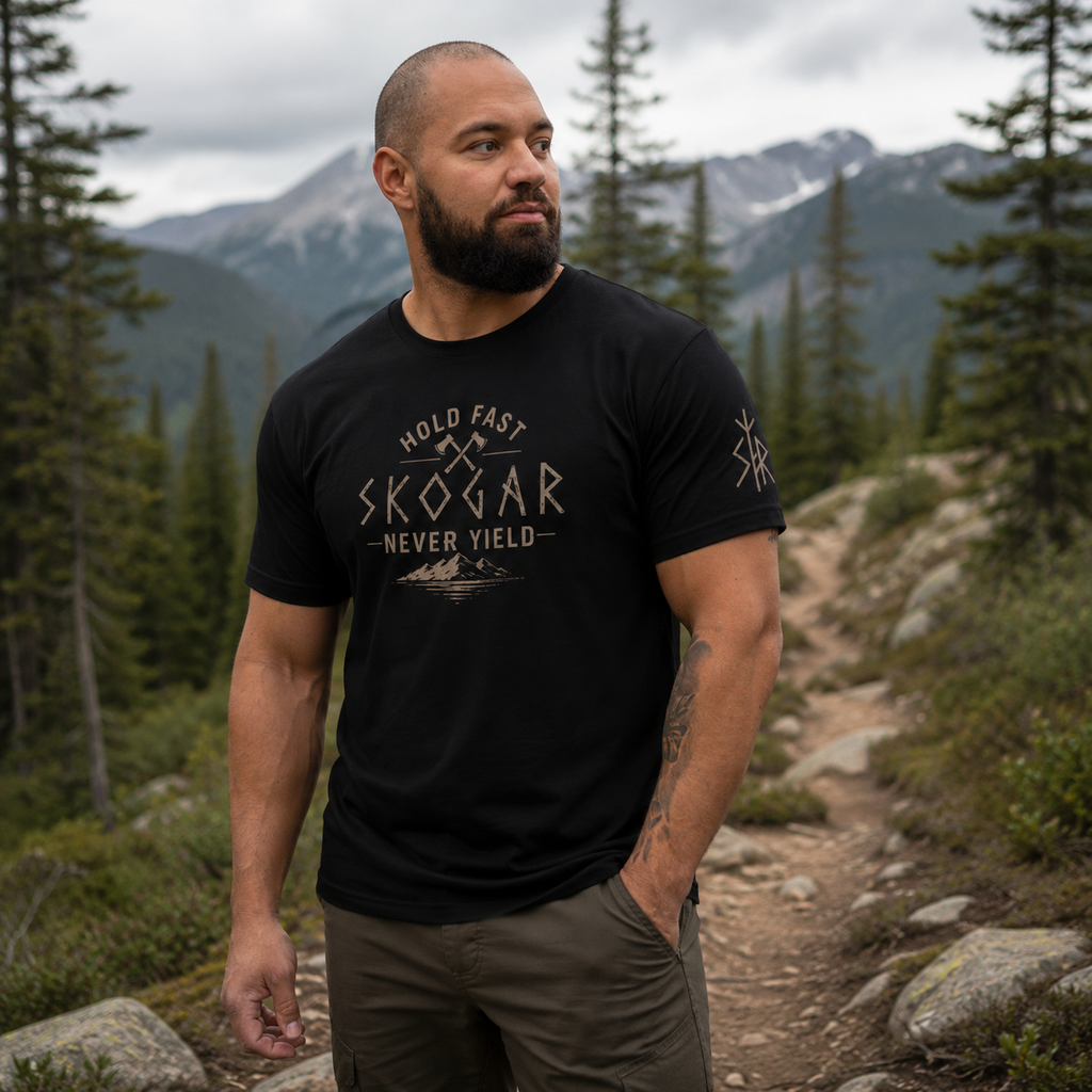 Men's Nordic Adventure T-Shirt, Mountain Graphic Tee, Hold Fast Never Yield SKOGAR Apparel