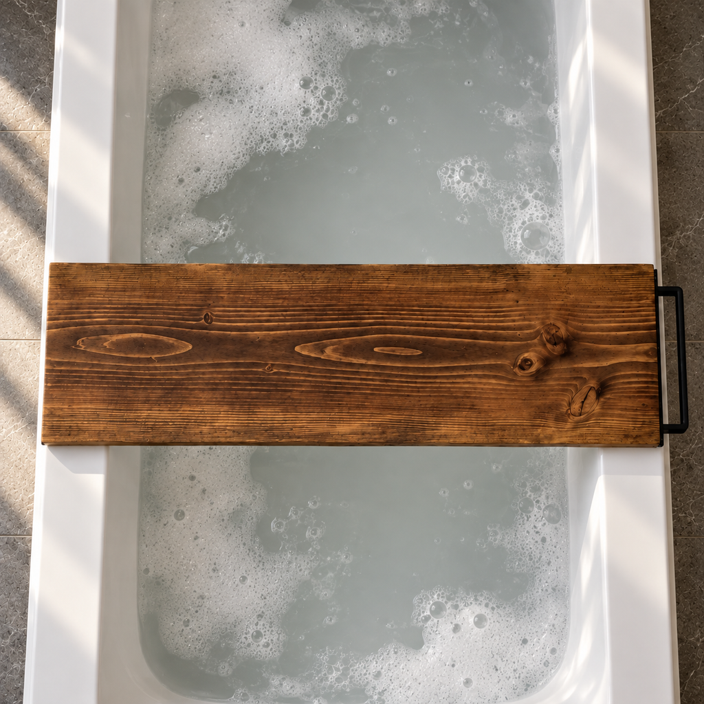 Live Edge Douglas Fir Bath Caddy with Steel Towel Rack