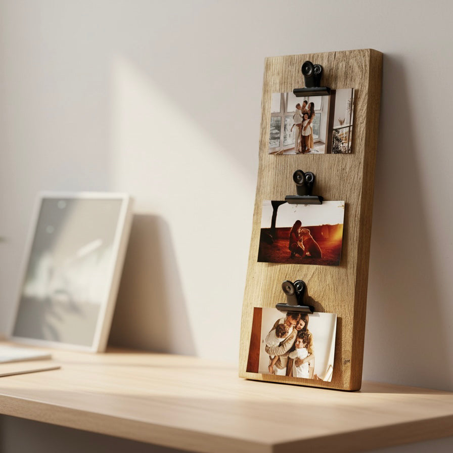 Rustic Oak Photo Display Board – Live Edge Picture Holder with Clips image 5