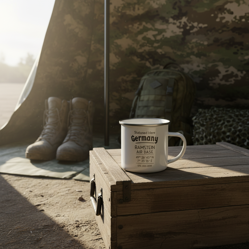 Personalized Military Enamel Mug – Ramstein Air Base Stationed Here Mug