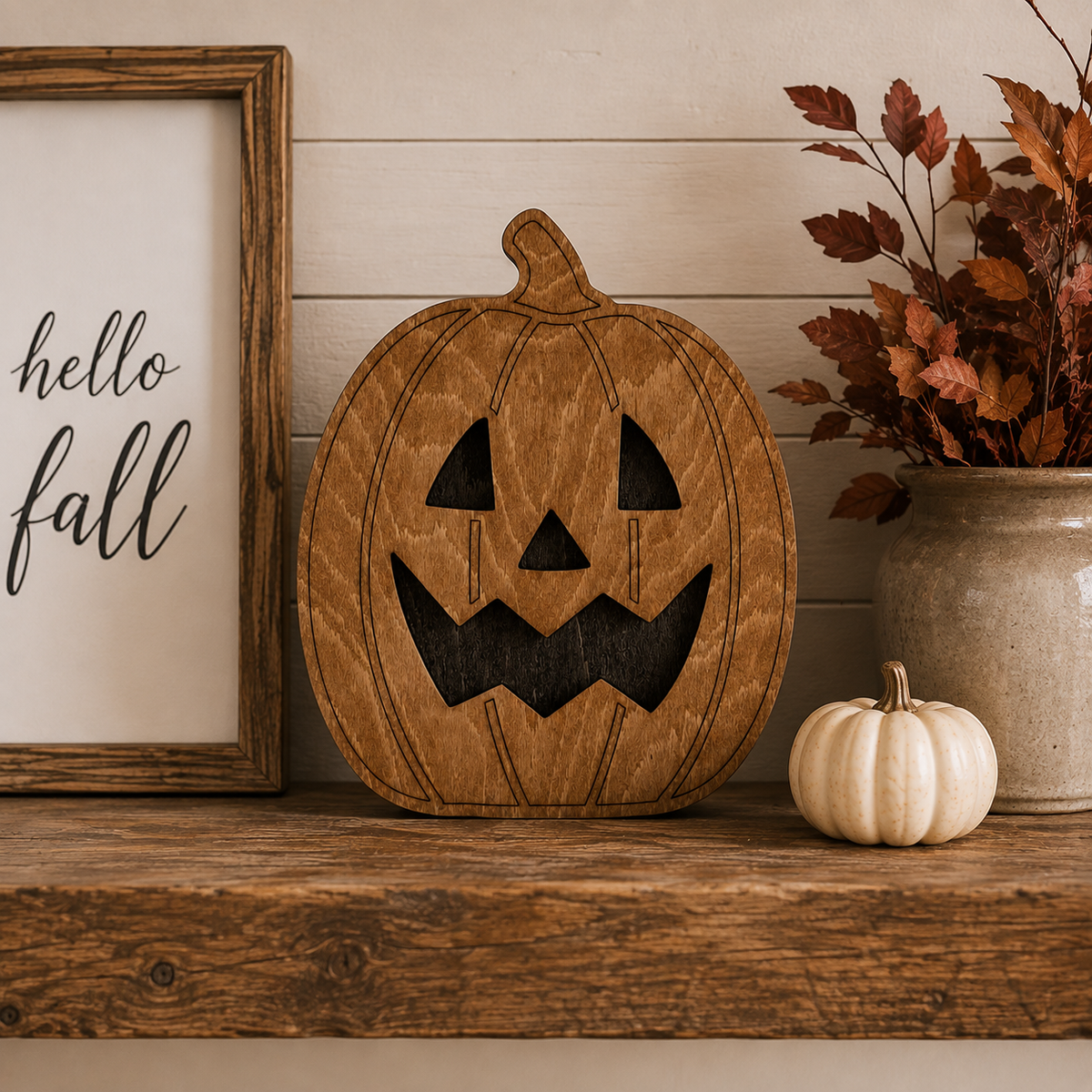 Halloween Pumpkin Décor – Wooden Jack O Lantern Rustic Halloween Wall & Shelf Décor