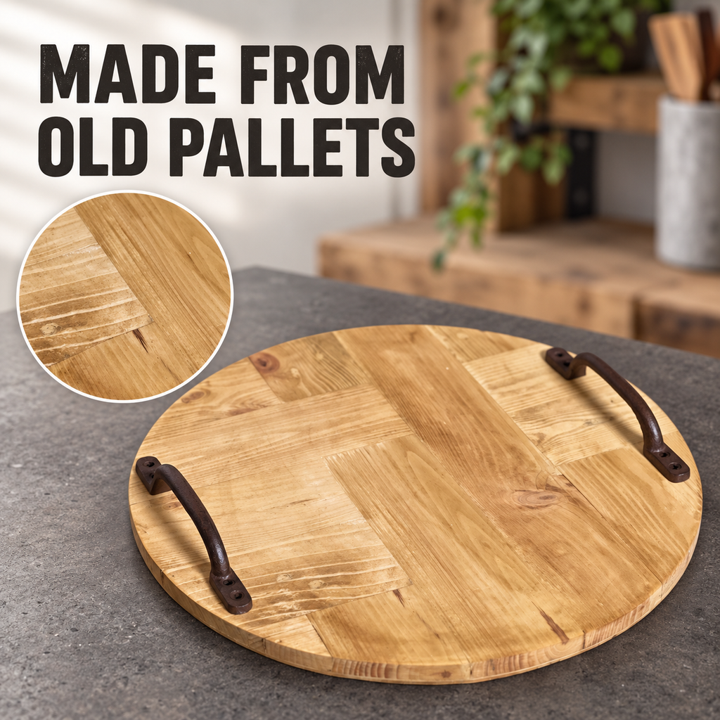 Rustic Wooden Serving Tray, Round Reclaimed Pallet Wood Tray with Metal Handles