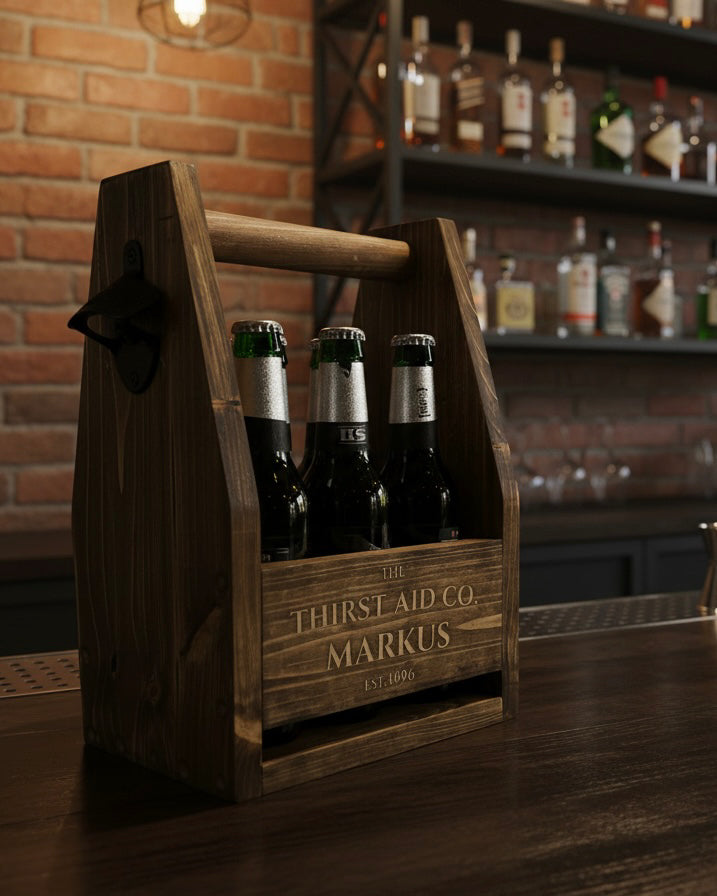 Personalised Beer Caddy Wooden Bottle Carrier with Opener – Custom Beer Holder image 10