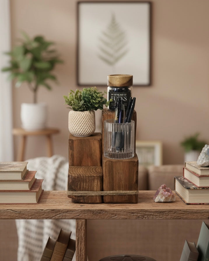 Rustic Wooden Desk Organiser | Solid Douglas Block Stand image 2