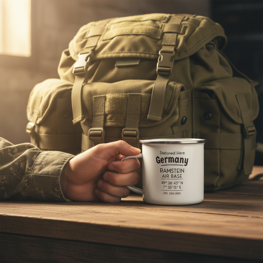 Personalized Military Enamel Mug – Ramstein Air Base Stationed Here Mug