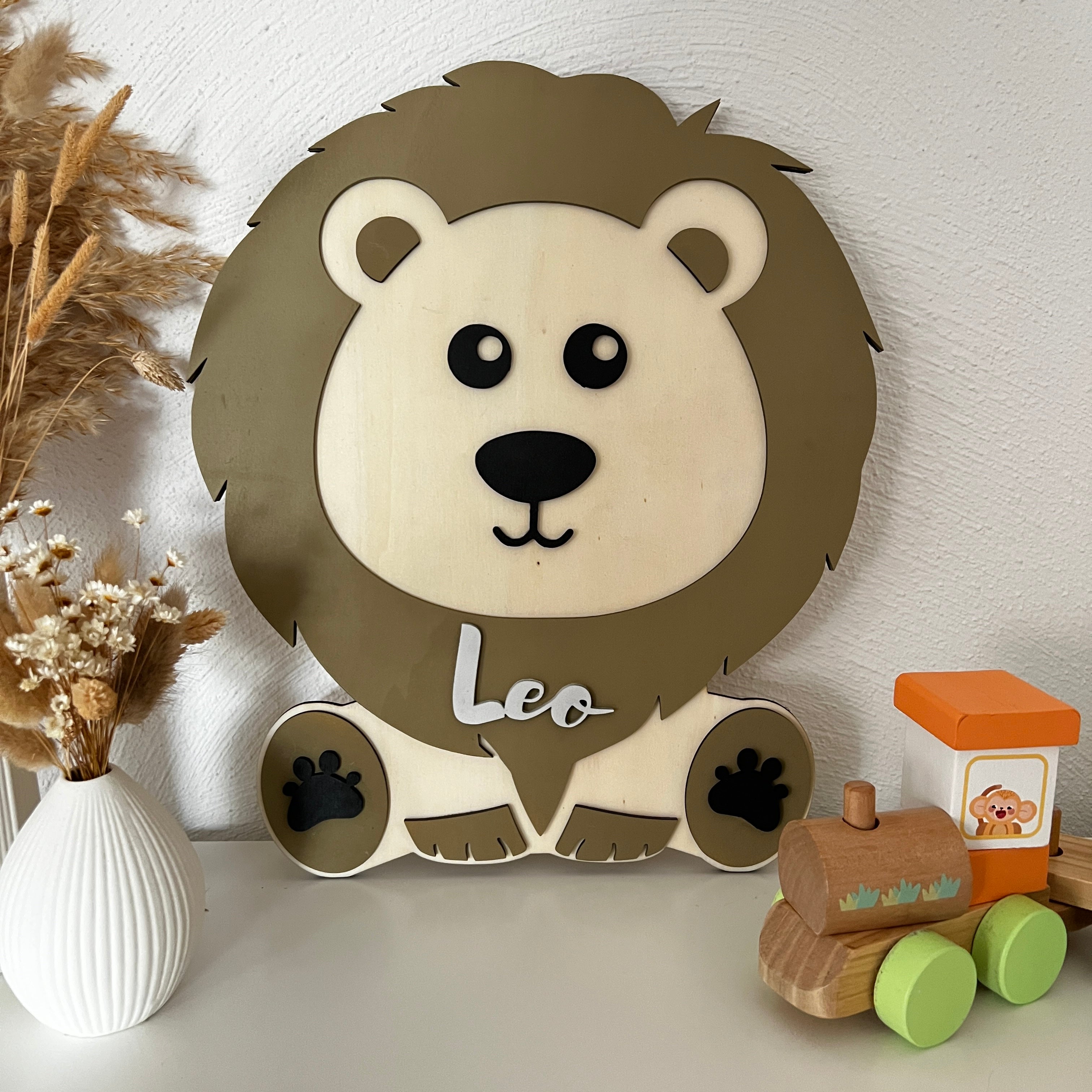 Personalised Wooden Lion Sign, Custom Nursery Wall Decor, Kids Room Animal Name image 0
