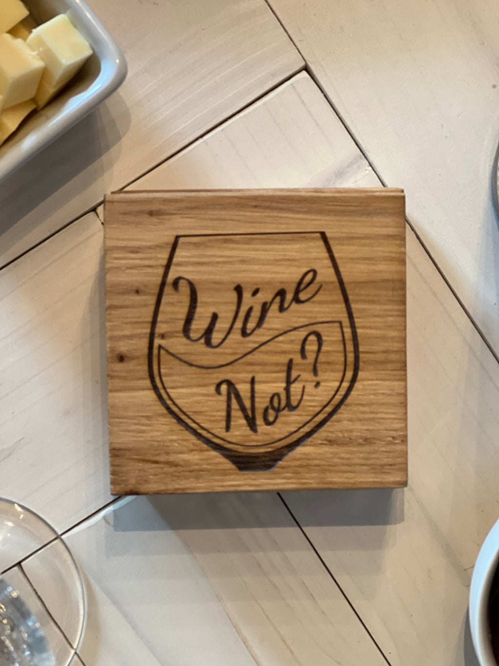 Solid Oak Wine Coaster – “Wine Not?” Engraved Wooden Drinks Coaster | Rustic Tab image 0