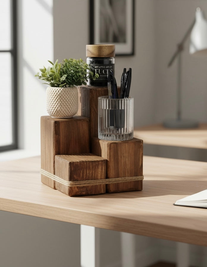 Rustic Wooden Desk Organiser | Solid Douglas Block Stand image 1